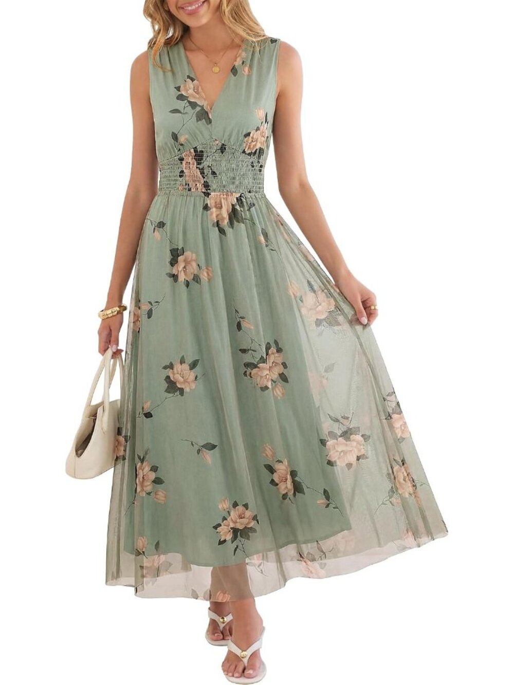 Women's Green Floral Tulle V Neck Sleeveless Summer Wedding Guest Maxi Dress